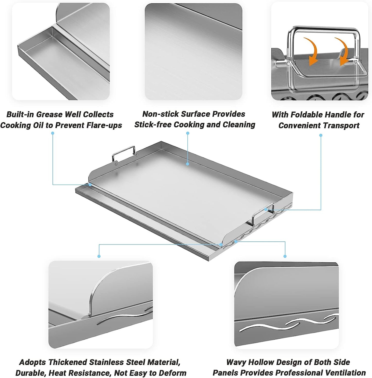 Universal Stainless Steel Griddle Plate with Even Heating Bracing for BBQ Charcoal/Gas Grills, 23" X 16" Rectangular Hibachi Flat Top Griddle for Indoor/Outdoor Cooking