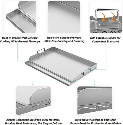 Universal Stainless Steel Griddle Plate with Even Heating Bracing for BBQ Charcoal/Gas Grills, 23" X 16" Rectangular Hibachi Flat Top Griddle for Indoor/Outdoor Cooking