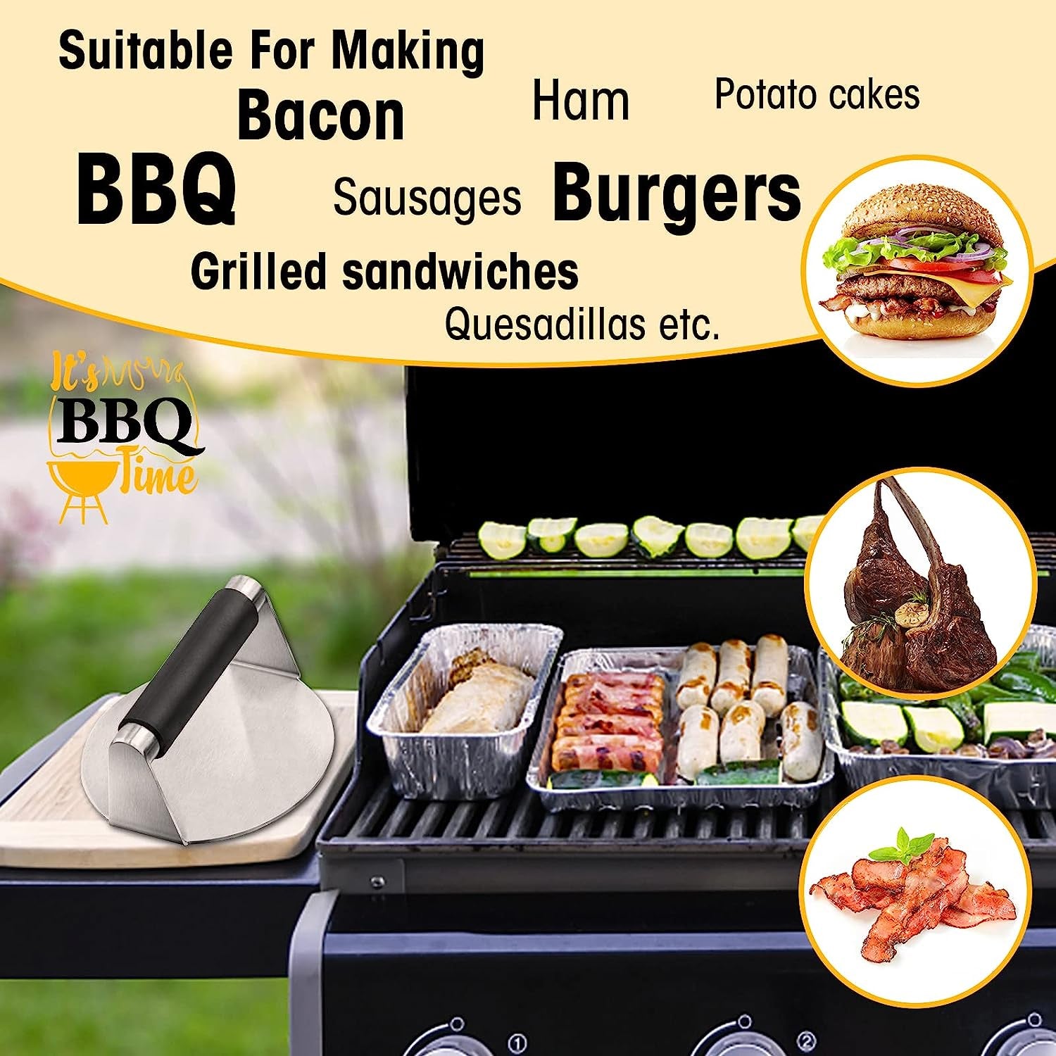 PMYEK Burger Press with Anti-Scald Handle, 5.5 Inch Stainless Steel Burger Smasher, round Non-Stick Hamburger Press for Griddle, Griddle Accessories Kit for Flat Grill Cooking
