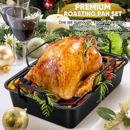 14-In Nonstick Turkey Roasting Pan with Rack Set, Joyfair Chicken Roaster Pan with Flat Rack & Removable V-Rack, Heavy Duty Rectangular Oven Bakeware with Non-Toxic Coating, Easy Releasing & Cleaning
