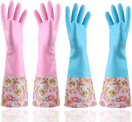 Rubber Latex Waterproof Dishwashing Gloves,2 Pair Medium Long Cuff Flock Lining Household Cleaning Gloves