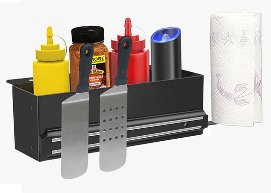 Griddle Caddy for Blackstone Grill Accessories, Compatible with 28”/ 36”/ Pro-Series & Air-Fryer Combo, Grilling Condiment Squeeze Bottle Container with Magnetic Tool Holder & Paper Towel Holder