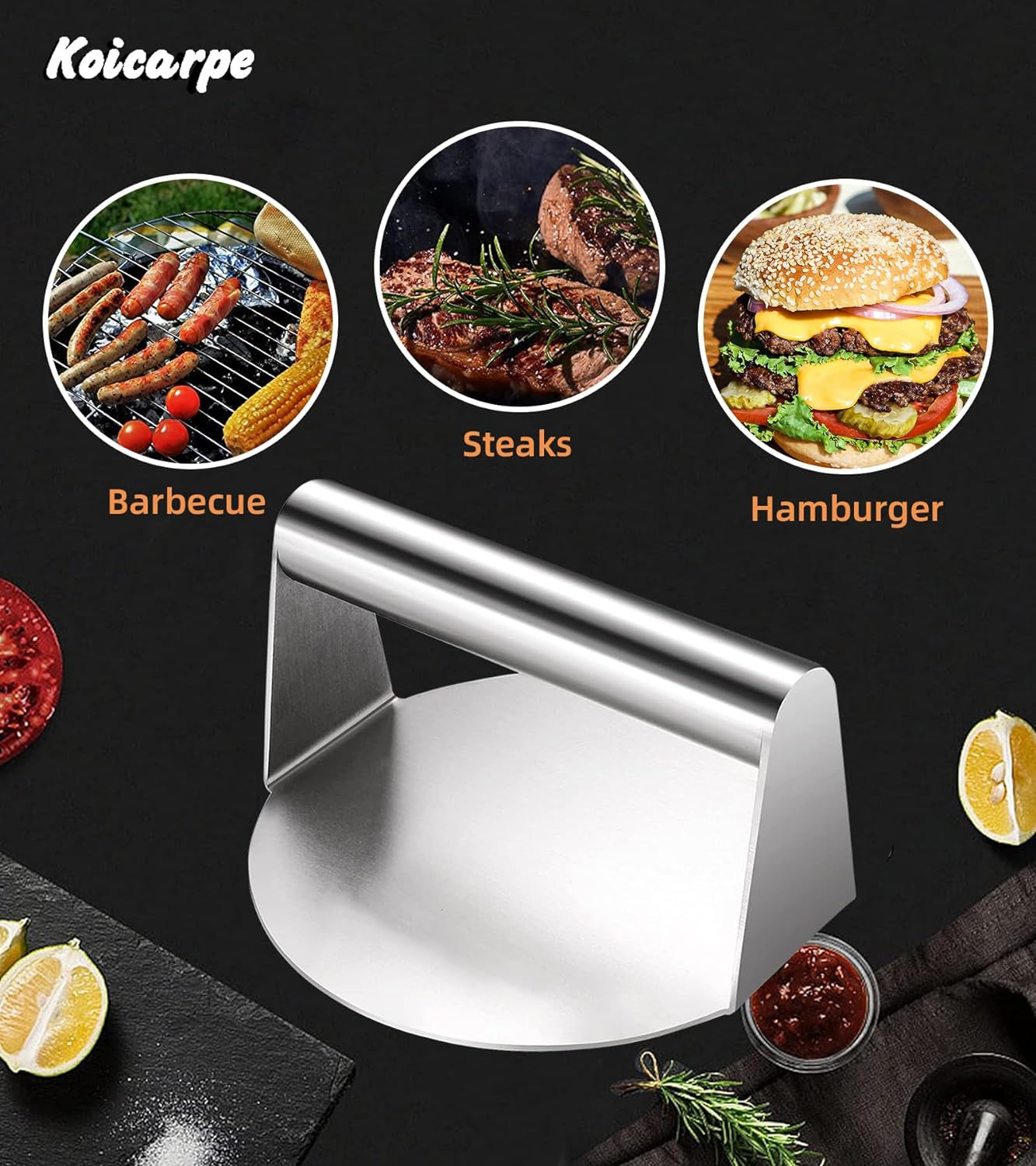 Koicarpe Burger Press - 5.5" Stainless Steel Burger Smasher Tool - Smooth & Non-Stick Surface - round Utensil for Grilling Meat Patty, Steak, Hot Dog, Grill Flattener for Steaks, Panini, Sandwich