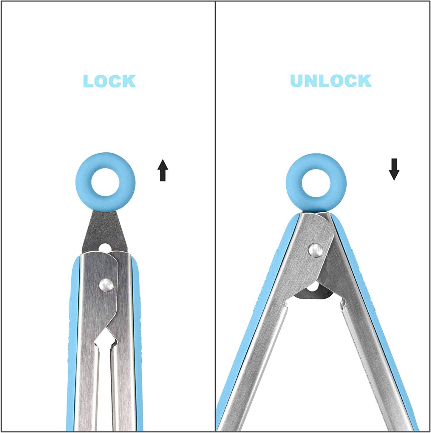 304 Stainless Steel Kitchen Cooking Tongs,9" and 12" Set of 4 Sturdy Grilling Barbeque Brushed Locking Food Tongs with Ergonomic Grip, Blue