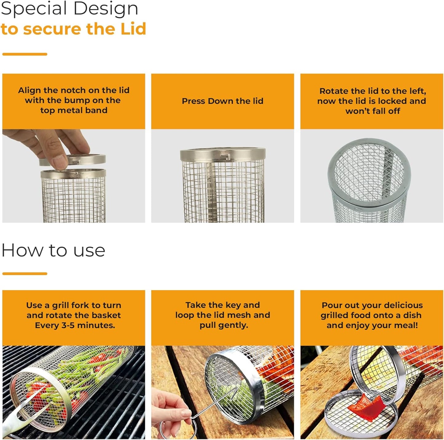 2 Pack BBQ Rolling Basket – Rolling Grilling Baskets for Outdoor Grilling - Stainless Steel BBQ Grill Basket - BBQ Accessories for Outdoor BBQ Grill