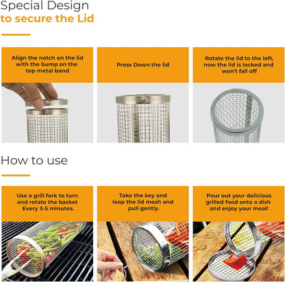 2 Pack BBQ Rolling Basket – Rolling Grilling Baskets for Outdoor Grilling - Stainless Steel BBQ Grill Basket - BBQ Accessories for Outdoor BBQ Grill
