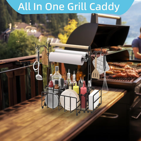 Image of Outdoor Grill Caddy, BBQ Caddy with Paper Towel Holder and Mesh Basket, Portable Condiment Caddy with Plate Holder and Tool Hook, Barbecue Accessories Storage Organizer