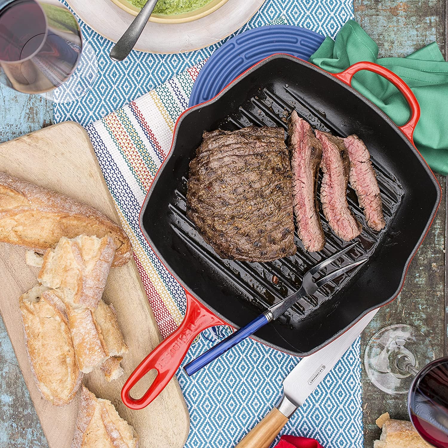 Enameled Cast Iron Signature Square Skillet Grill, 10.25", Cerise