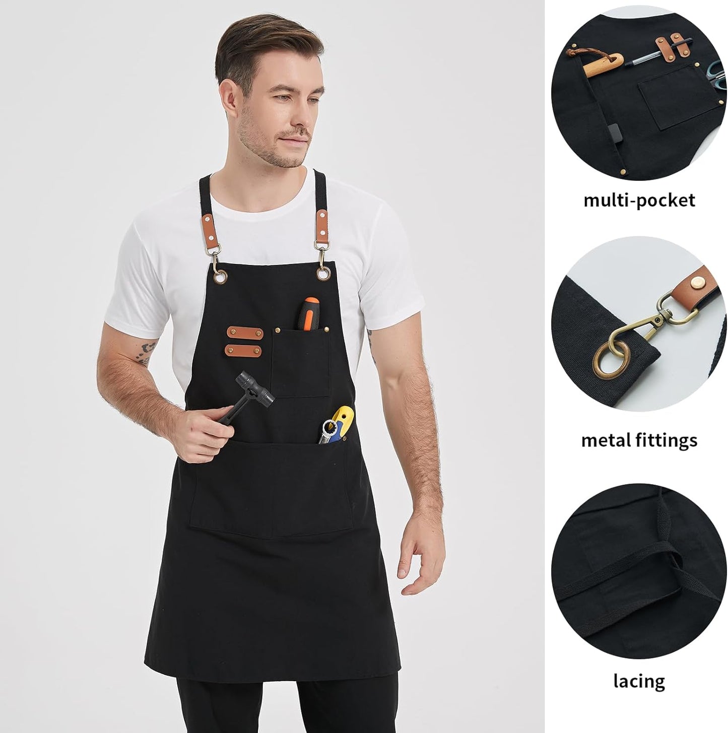 Canvas Aprons, Work Aprons with 3 Pockets, Adjustable Strap Chef Aprons for Servers Kitchen Cooking Baking Artist