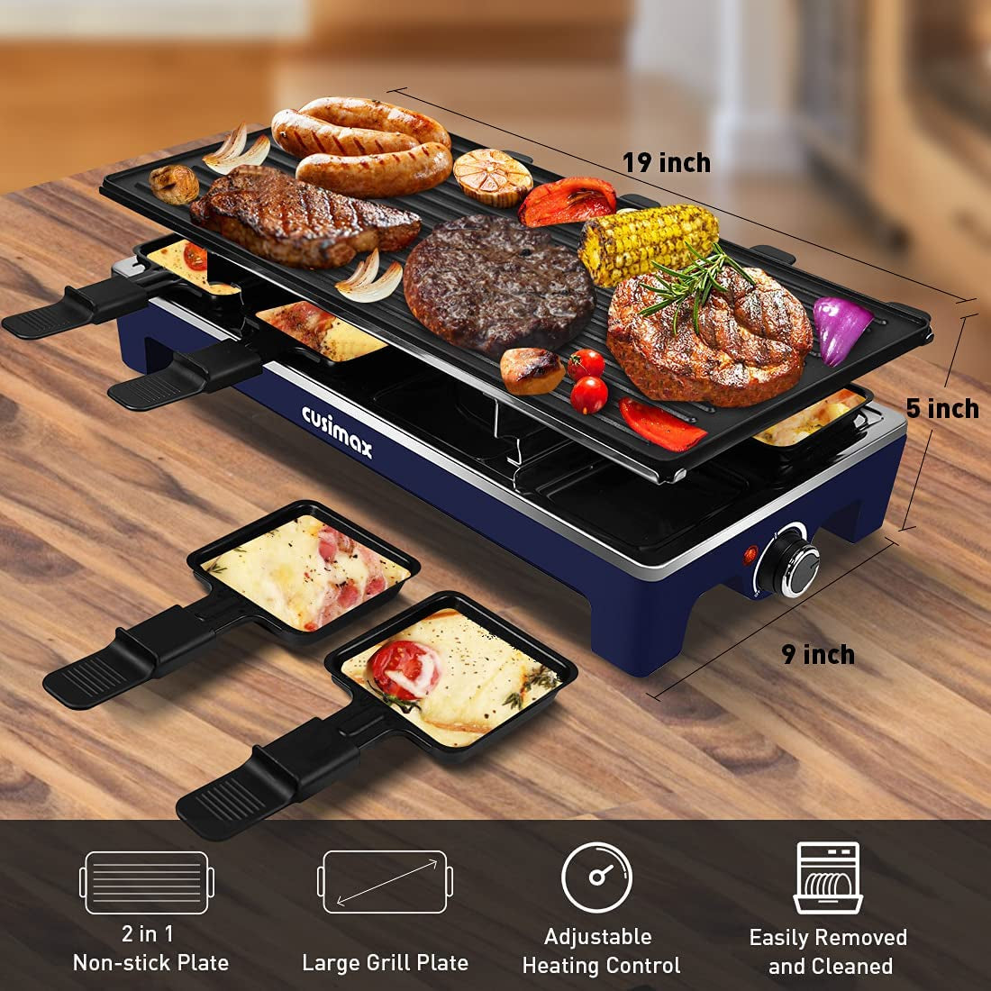 Raclette Table Grill,  Electric Grill, 1500W Korean BBQ Grill, Cheese Raclette Indoor Grill with 2 in 1 Reversible Non-Stick Plate, Crepe Maker with 8 Paddles & Shovels, Blue Upgraded Version