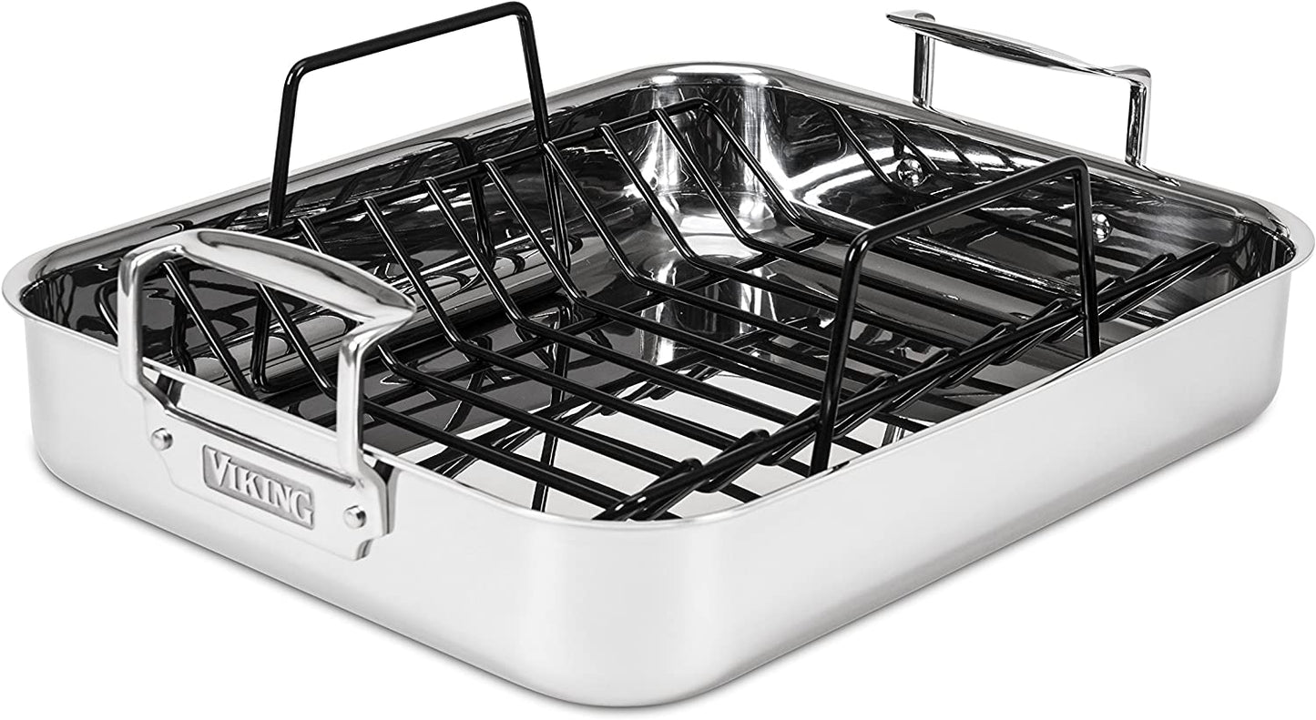 Viking Culinary 3-Ply Stainless Steel Roasting Pan, Includes a Nonstick Rack, Dishwasher, Oven Safe, Works on All Cooktops Including Induction
