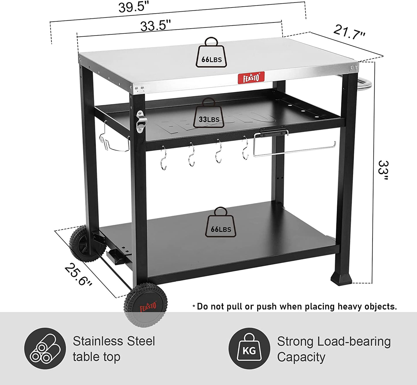 3-Shelf Movable Food Prep and Pizza Oven Table, BBQ Grilling Table, Home & Outdoor Multifunctional Stainless Steel Table Top Worktable on 2 Wheels, L39.5 X W25.6 X H33