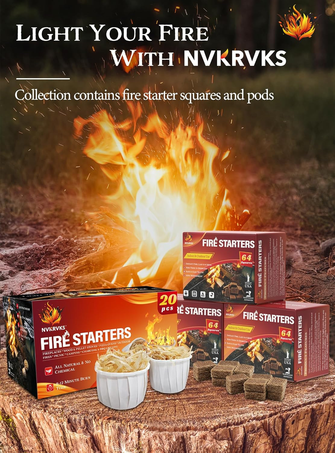 Nvkrvks Fire Starter Squares 192, Natural & Odourless Firestarters Cubes for Campfire, Fireplace, Chimney and Barbecue, Water Resistant, Easy to Ignite, Safe Camping Accessories