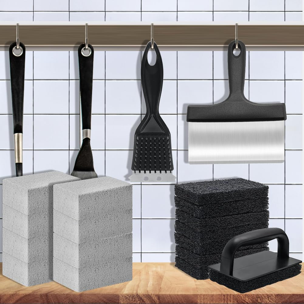 18Pcs Griddle Cleaning Kit for Blackstone, Heavy Duty Flat Top Grill Cleaning Kit, Include Handle, Cleaning Bricks, Scrubber Brush, Scouring Pads, Griddle Grill Scraper, Blackstone Cleaner for Griddle