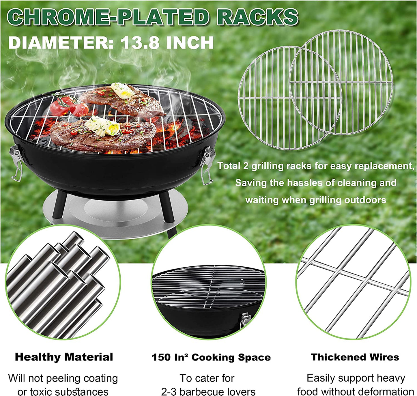 Joyfair Charcoal Grill with 2 Grilling Racks, 14In Small Portable BBQ Grill with Lid for Outdoor Camping/Patio/Backyard Barbecue/Tabletop Cooking, Enamel Coated & Dual Vent System, Black