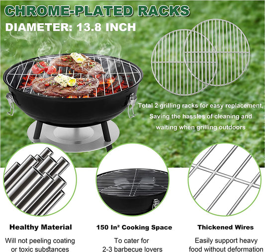 Joyfair Charcoal Grill with 2 Grilling Racks, 14In Small Portable BBQ Grill with Lid for Outdoor Camping/Patio/Backyard Barbecue/Tabletop Cooking, Enamel Coated & Dual Vent System, Black