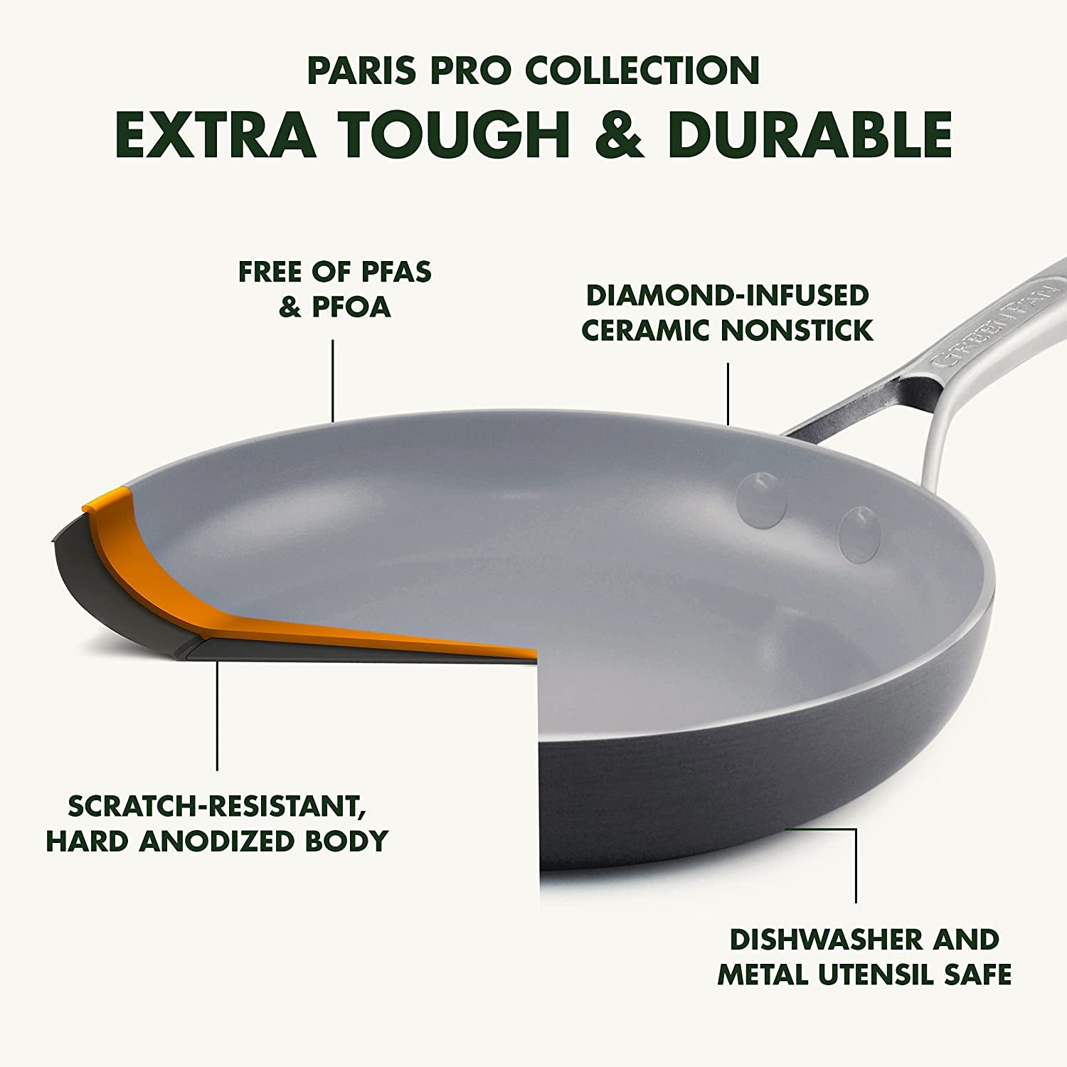 Paris Pro Hard Anodized Healthy Ceramic Nonstick, 11" Square Grill Pan, Pfas-Free, Dishwasher Safe, Grey