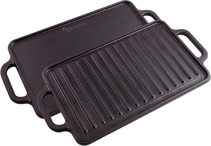 Rectangular Cast Iron Griddle. Double Burner Griddle, Reversible Griddle Grill, 13 X 8.5 Inch, Seasoned with 100% Kosher Certified Non-Gmo Flaxseed Oil, Model: GDL-189