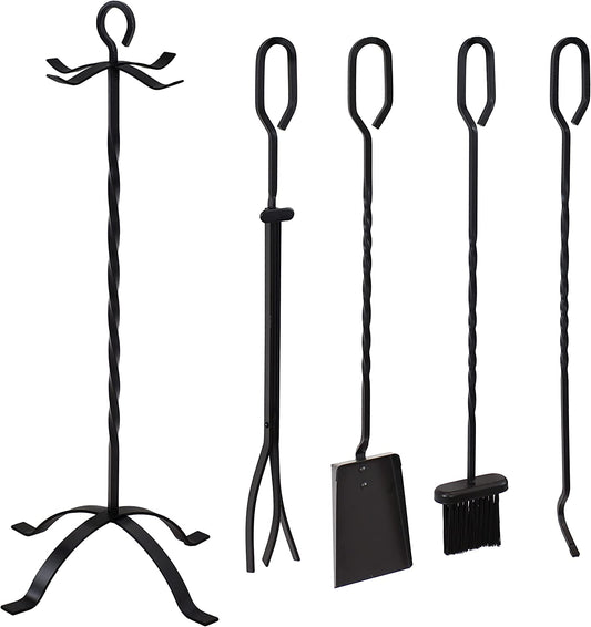 Sunnydaze 4-Piece Fireplace Tool Set with Stand - Heavy-Duty Black Steel Poker, Shovel, Log Grabber and Broom