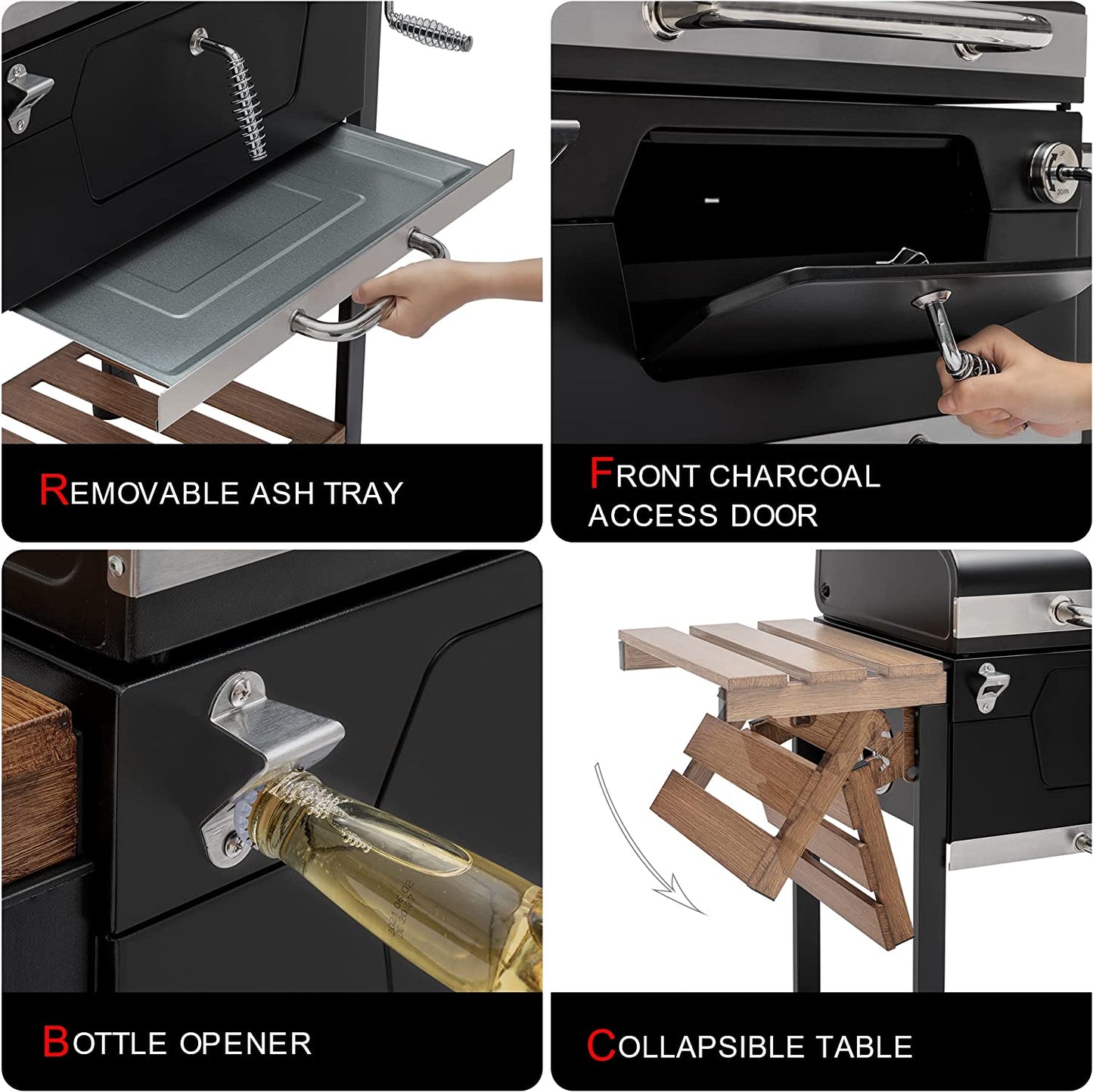 CD1824M 24-Inch Charcoal Grill, BBQ Smoker with Handle and Folding Table, Perfect for Outdoor Patio, Garden and Backyard Grilling, Black, Medium