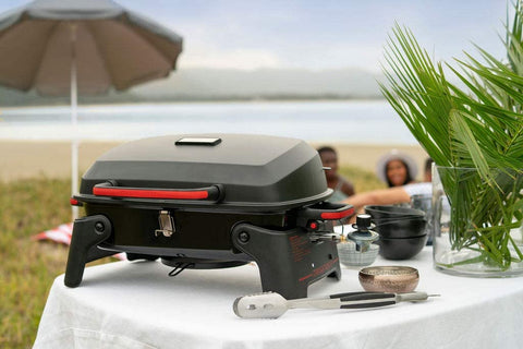 Image of 820-0065C 1 Burner Portable Gas Grill for Camping, Outdoor Cooking , Outdoor Kitchen, Patio, Garden, Barbecue with Two Foldable Legs, Red + Black