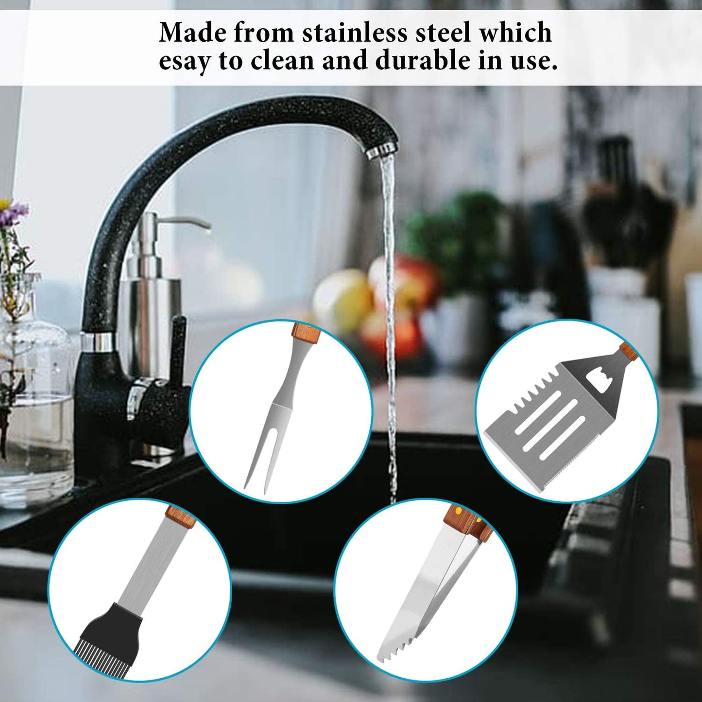 Wooded BBQ Accessories Grilling Tools,Stainless Steel BBQ Tools Grill Tools Set for Cooking, Backyard Barbecue & Outdoor Camping Gift for Man Dad Women Barbecue Enthusiasts Set of 4