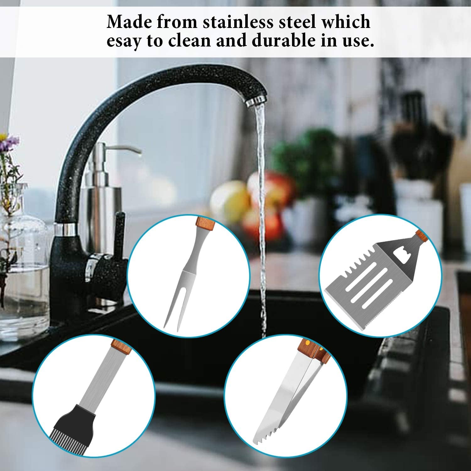 Wooded BBQ Accessories Grilling Tools,Stainless Steel BBQ Tools Grill Tools Set for Cooking, Backyard Barbecue & Outdoor Camping Gift for Man Dad Women Barbecue Enthusiasts Set of 4