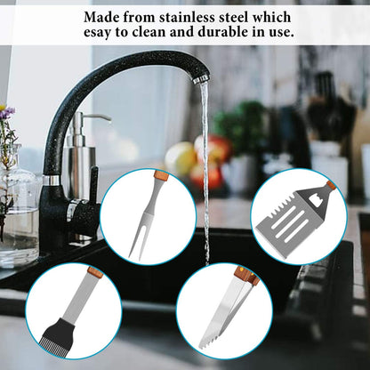 Wooded BBQ Accessories Grilling Tools,Stainless Steel BBQ Tools Grill Tools Set for Cooking, Backyard Barbecue & Outdoor Camping Gift for Man Dad Women Barbecue Enthusiasts Set of 4