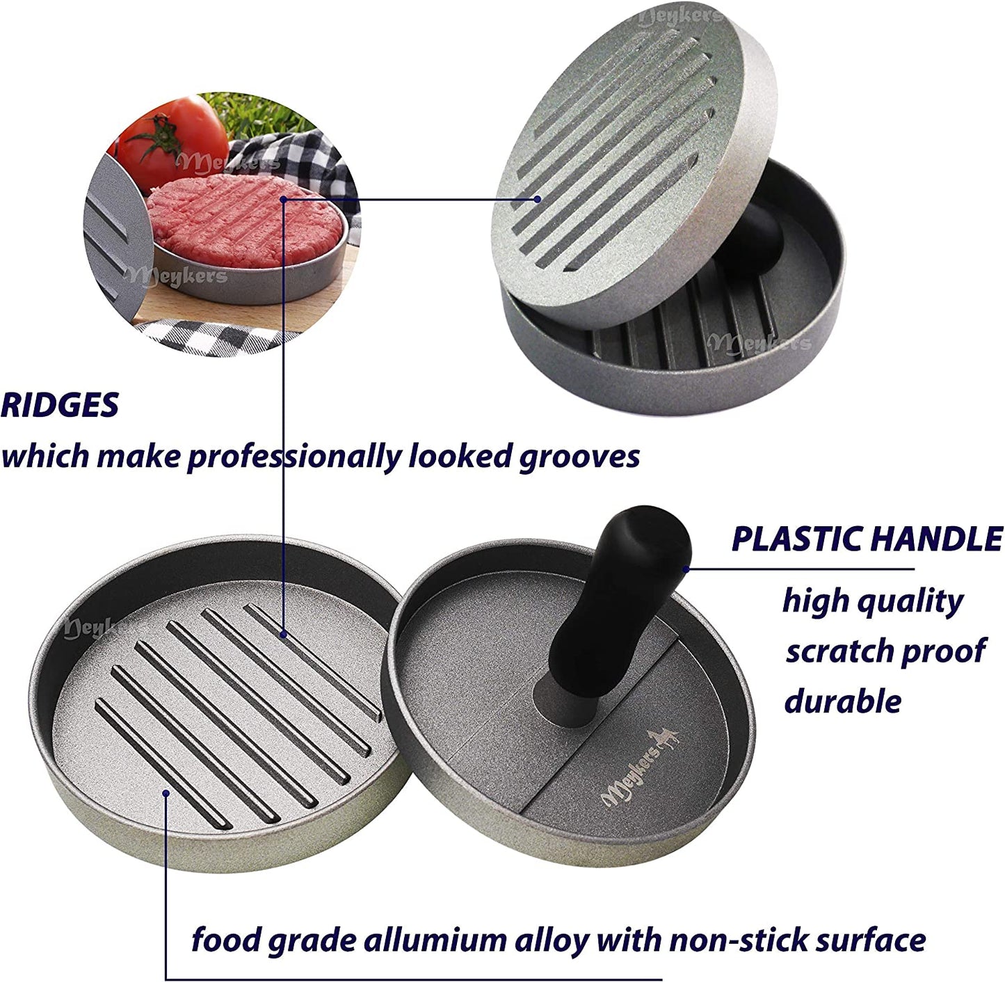 Meykers Burger Press 100 Patty Papers Set | Non-Stick Hamburger Mold with Free Wax Patty Paper Sheets | Meat Beef Cheese Veggie Burger Maker for Grill Griddle BBQ Barbecue | BPA Free