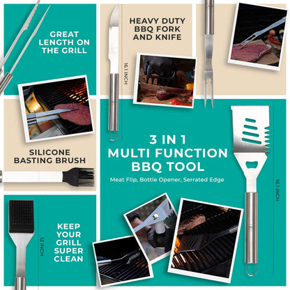 Grill Smoker Barbecue Accessories Tools Set - 29 Pcs Stainless Steel BBQ Flat Top Grill Tool Kit with Case for Outdoor Cooking & Camping – Deluxe Grilling Gift for Men (Aluminum Case)