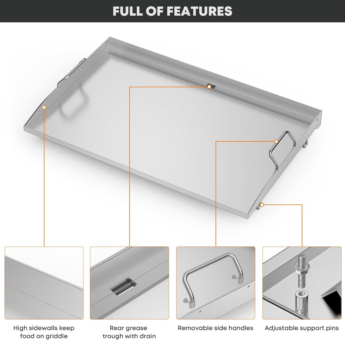 28 Inch Stainless Steel Griddle, Flat Top Griddle Replacement Top for Blackstone 28" 2-Burner Gas Grill Cooking Station, Griddle Top Replacement with Rear Grease System
