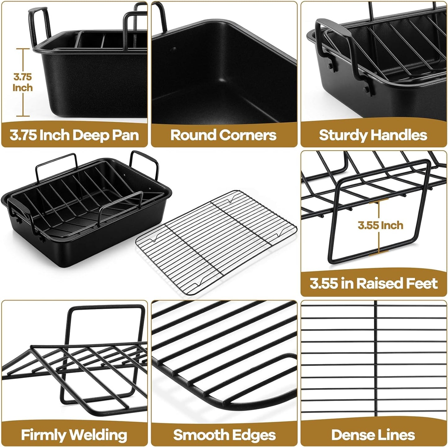 Large Roasting Pan with Rack Set of 3, P&P CHEF 15¼" Turkey Roaster Pan & V-Shape Baking Rack & Cooling Rack for Chicken Rib Lasagna Cookie, Nonstick Coating & Stainless Steel Core, Sturdy & Healthy
