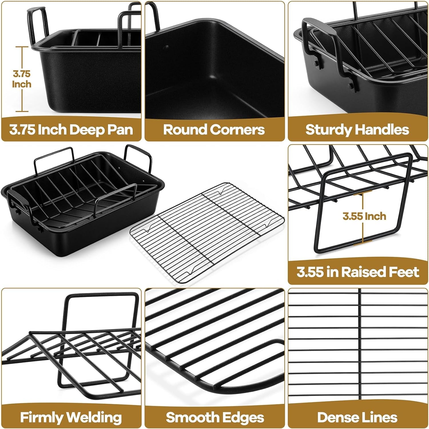 Large Roasting Pan with Rack Set of 3, P&P CHEF 15¼" Turkey Roaster Pan & V-Shape Baking Rack & Cooling Rack for Chicken Rib Lasagna Cookie, Nonstick Coating & Stainless Steel Core, Sturdy & Healthy