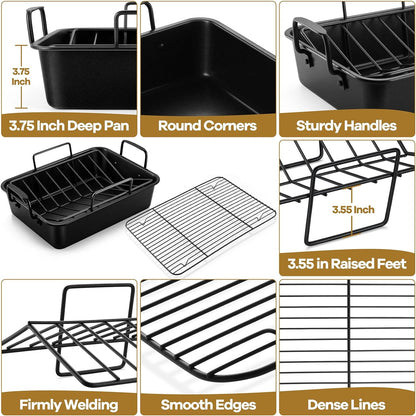 Large Roasting Pan with Rack Set of 3, P&P CHEF 15¼" Turkey Roaster Pan & V-Shape Baking Rack & Cooling Rack for Chicken Rib Lasagna Cookie, Nonstick Coating & Stainless Steel Core, Sturdy & Healthy