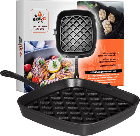 Image of Grill Pan - 2-Part Cast Iron Grill Pan with Removable Grill Grate - Square Pans for Grilling, Searing, BBQ, and More - Oven-Safe up to 450° - Ready Criss Cross Lines - Also Use as Griddle