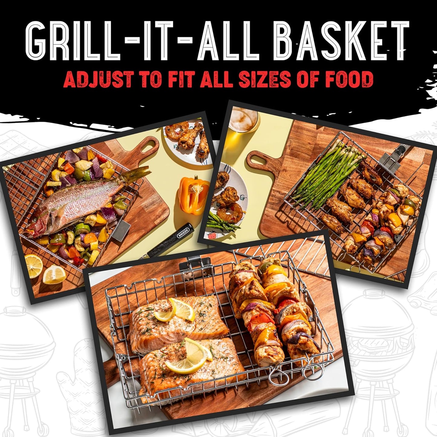 SHIZZO Adjustable Grill Basket, Barbecue BBQ Grilling, Stainless Steel Folding Portable Outdoor Camping Rack for Fish, Shrimp, Vegetables, Cooking Accessories, Gifts for Father, Husband