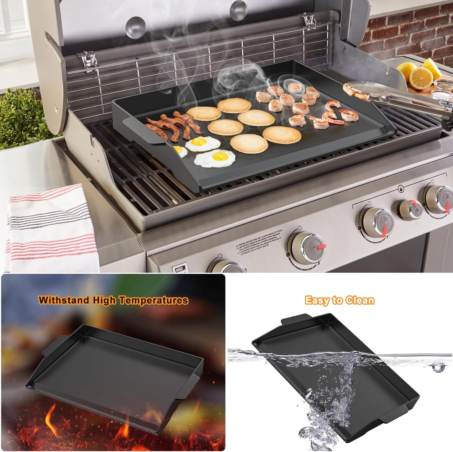 Universal Cast Iron Cooking Griddle, Nonstick Coating Griddle Flat Top Grill Plate with Extra High Sidewalls for All Gas Grills and 4 Burner Range Oven, 23" X 16"