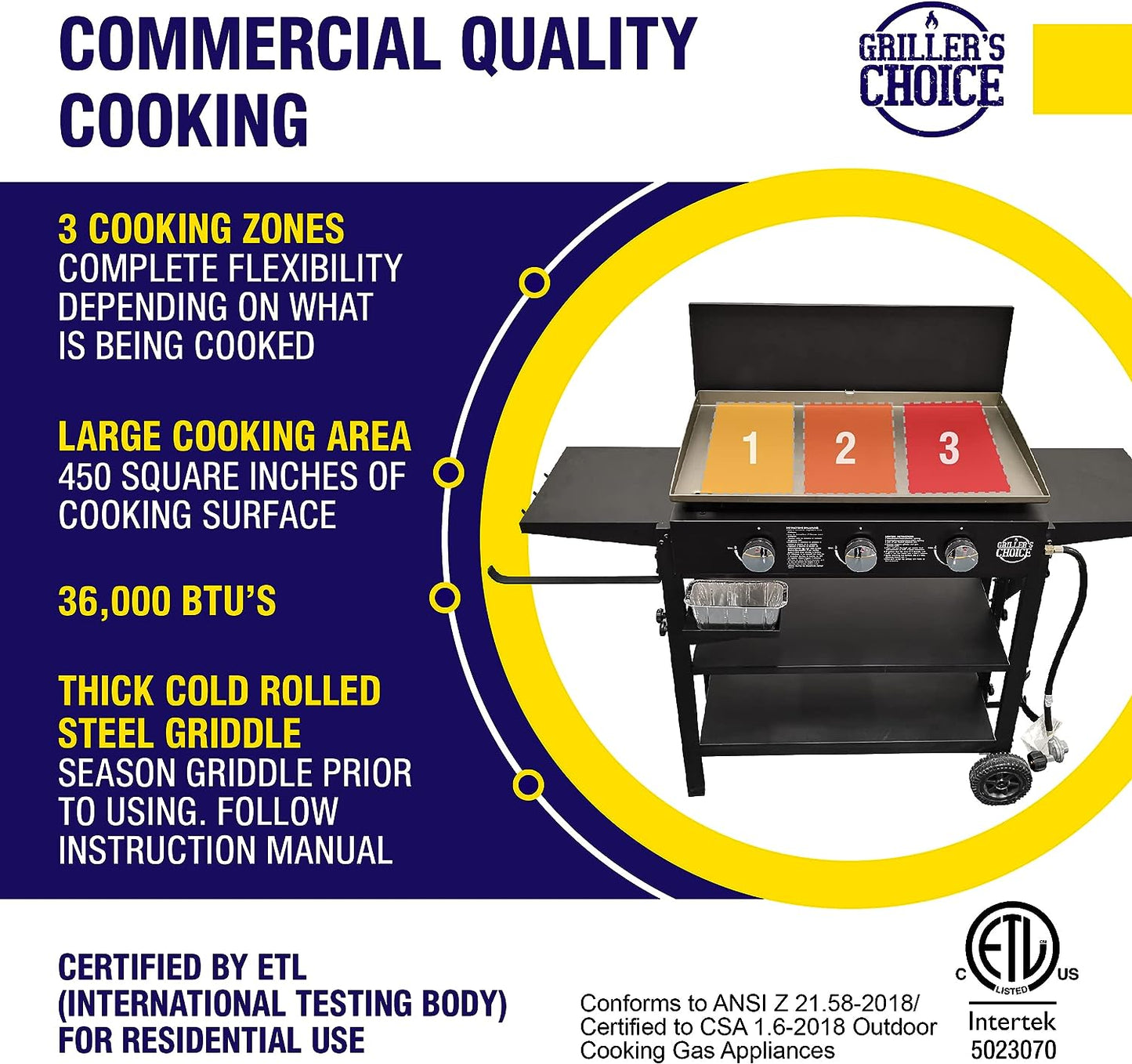 Outdoor Griddle Grill Propane Gas Flat Top - Hood Included, 4 Shelves, Disposable Grease Cups, 36,000 Btu'S, Large Cooking Area, Paper Towel Holder.