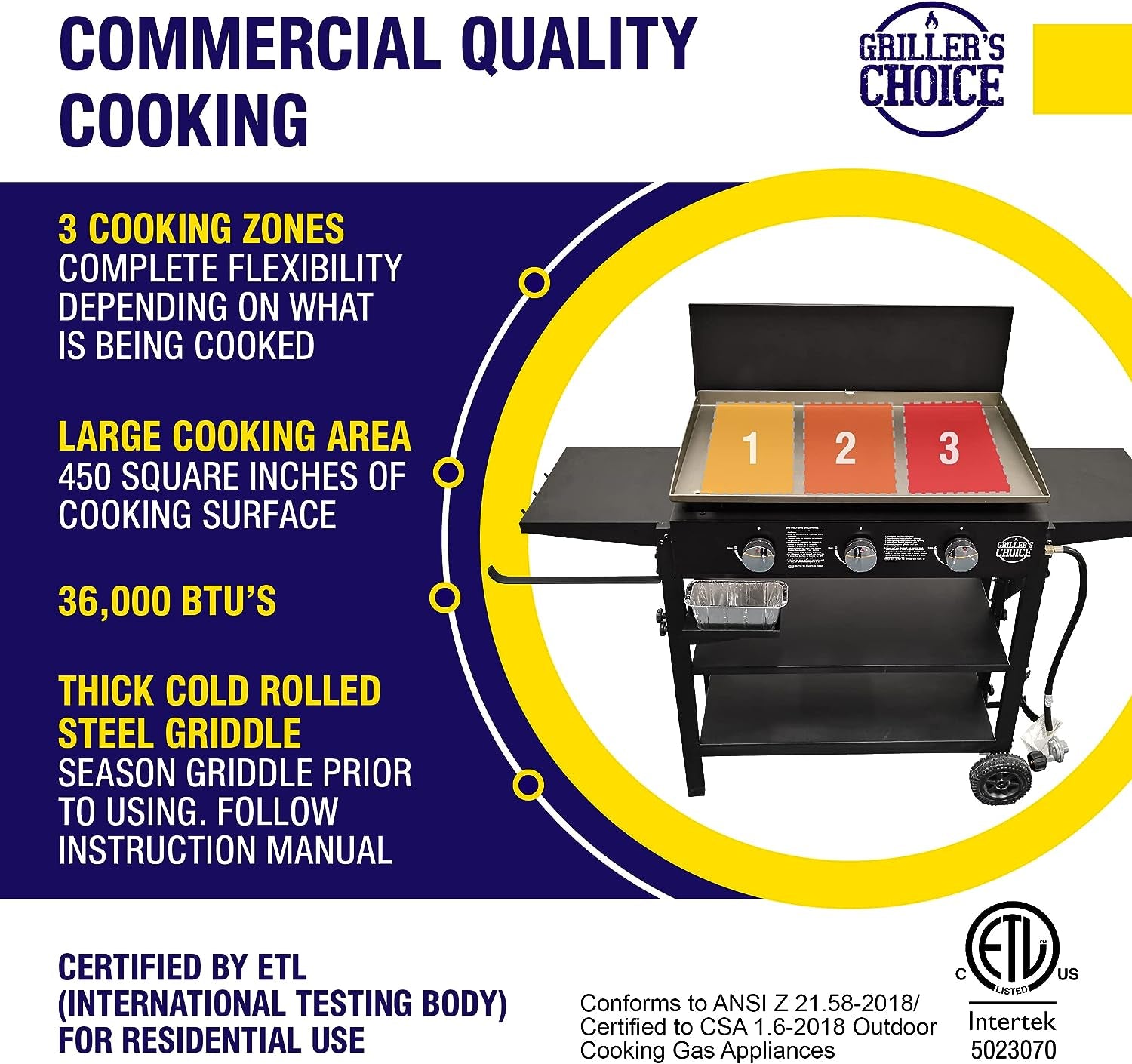 Outdoor Griddle Grill Propane Gas Flat Top - Hood Included, 4 Shelves, Disposable Grease Cups, 36,000 Btu'S, Large Cooking Area, Paper Towel Holder.