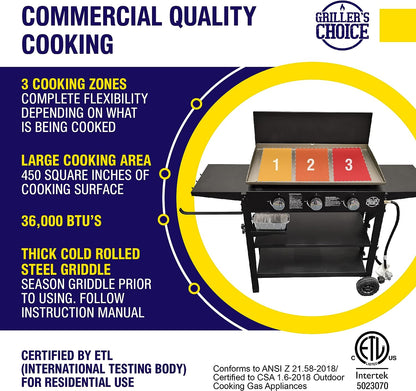 Outdoor Griddle Grill Propane Gas Flat Top - Hood Included, 4 Shelves, Disposable Grease Cups, 36,000 Btu'S, Large Cooking Area, Paper Towel Holder.