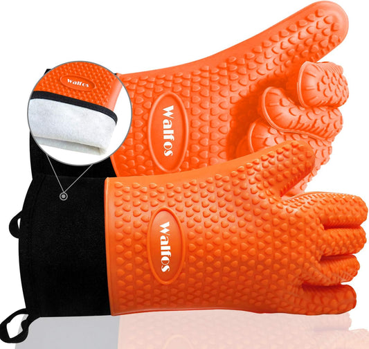 Grilling Gloves - Heat Resistant Silicone Oven Mitt, Premium Non-Slip Silicone Internal Protective Cotton Layer, Waterproof, Great for Grilling, Kitchen and Cooking (Orange)