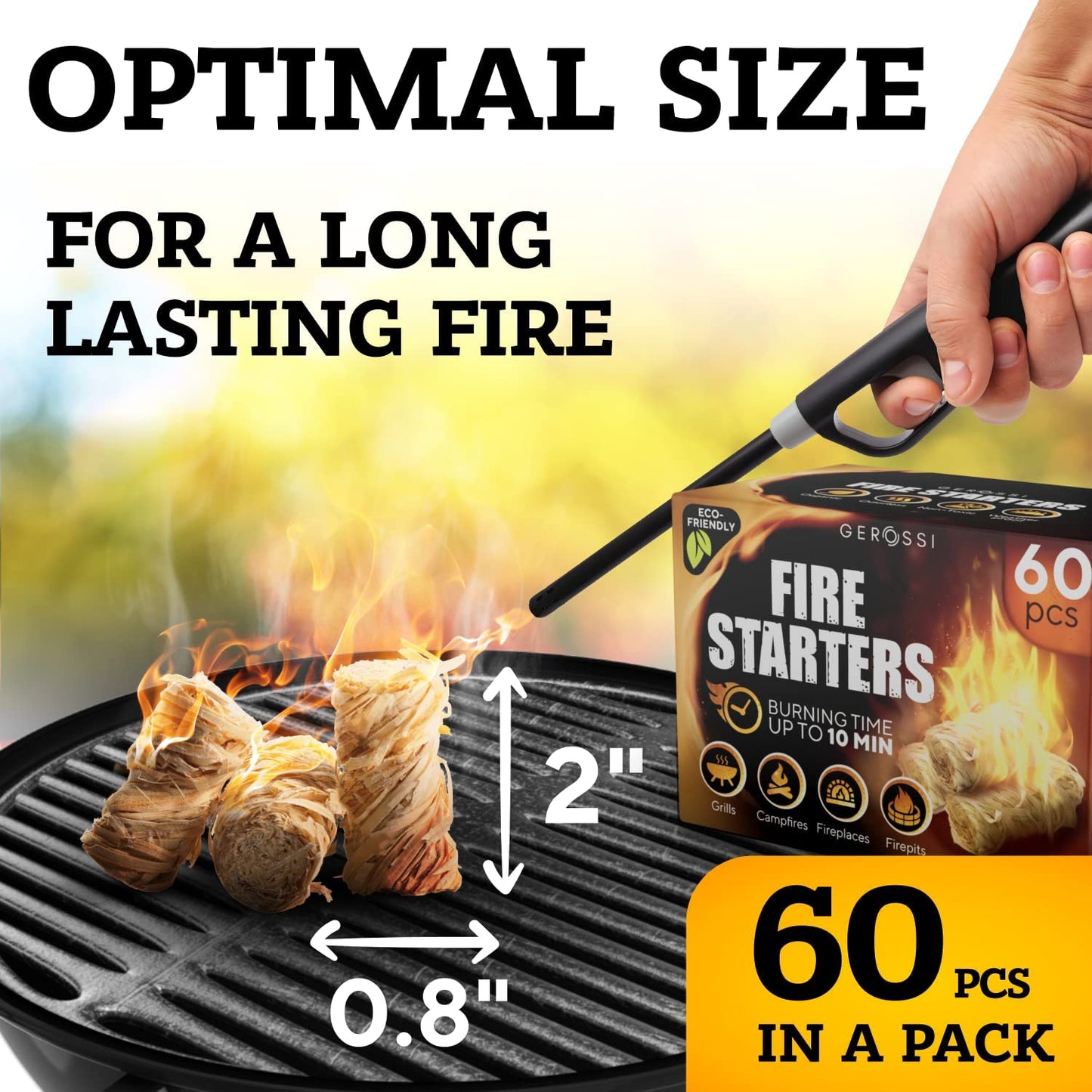 Fire Starter - Natural Pine Fire Starters for Fireplace, Campfires, Grill, Wood & Pellet Stove, Chimney, Fire Pit, BBQ, Smoker - 60 Pack W/10 Min Burning Time - All Weather & Odorless Firestarter