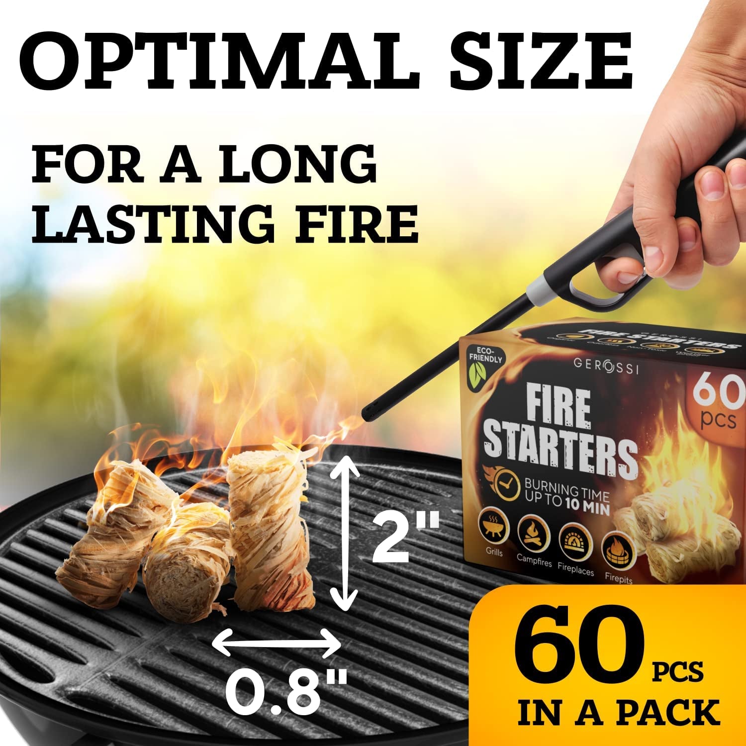 Fire Starter - Natural Pine Fire Starters for Fireplace, Campfires, Grill, Wood & Pellet Stove, Chimney, Fire Pit, BBQ, Smoker - 60 Pack W/10 Min Burning Time - All Weather & Odorless Firestarter