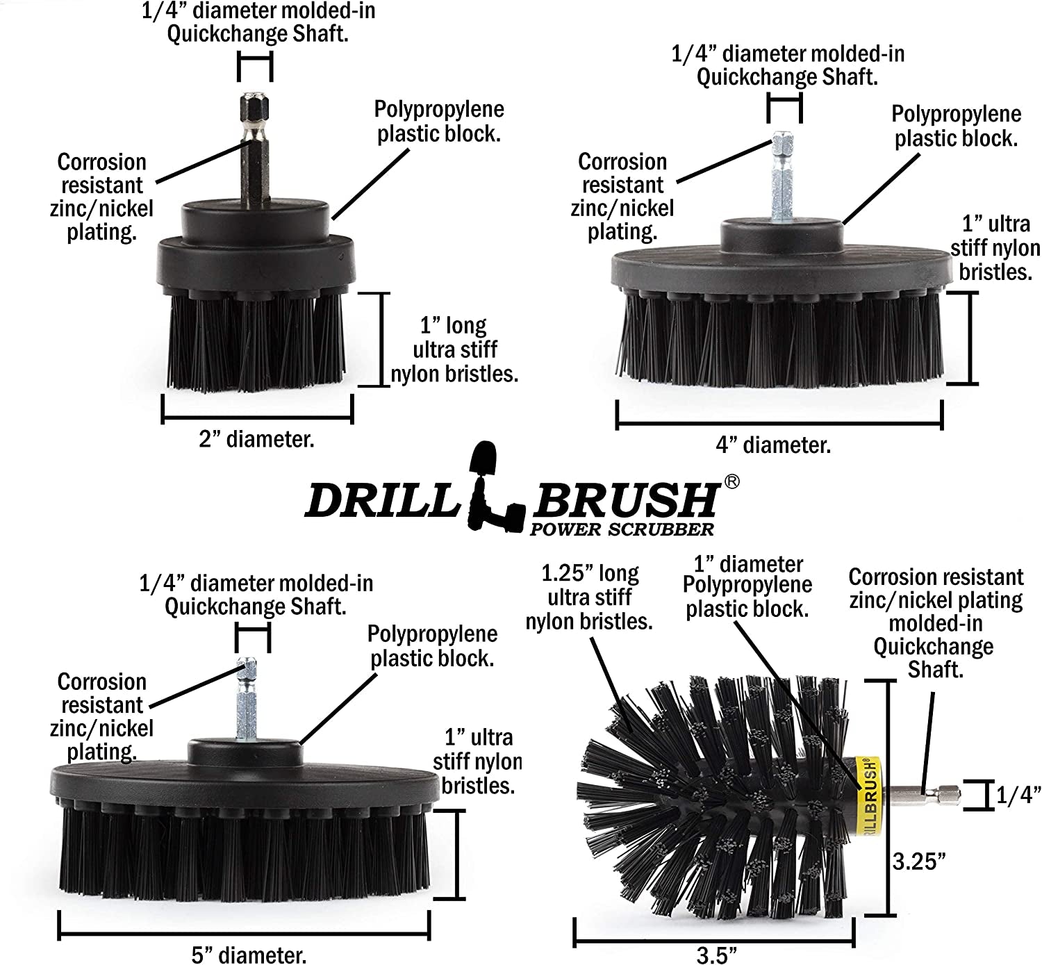 BBQ Grill Cleaning Ultra Stiff Drill Powered Cleaning Brushes 4 Piece Kit Replaces Wire Brushes for Rust Removal, Loose Paint, De-Scaling, Graffiti Removal on Stone, Brick, and Masonry.
