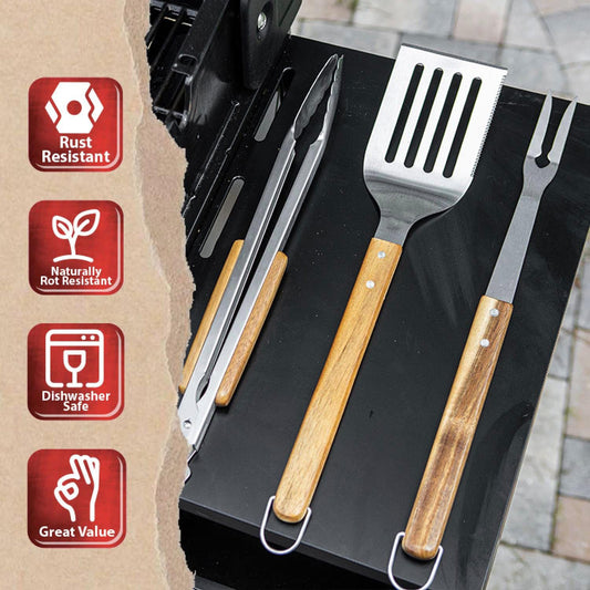 BBQ-AID 3 Piece Grill Set BBQ Accessories - Kitchen Tongs, Metal Spatula & Fork Utensils - Heavy Duty Stainless Steel Barbecue Grill Utensils for Outdoor Grill with Solid Sturdy Wood Handles