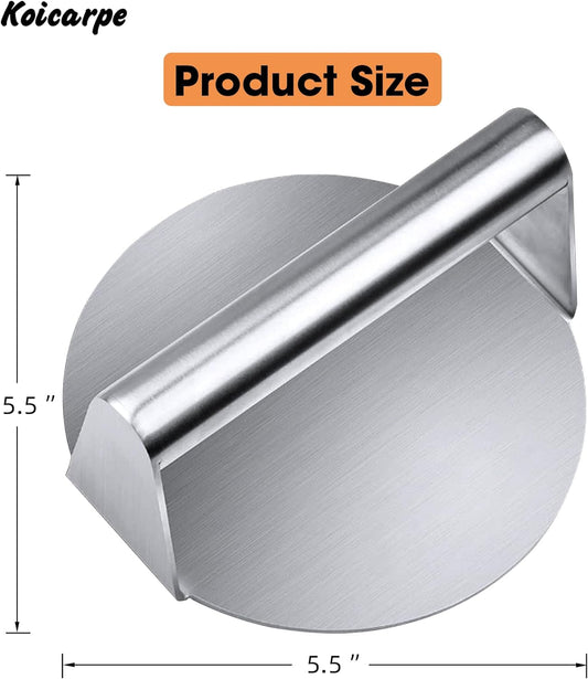 Koicarpe Burger Press - 5.5" Stainless Steel Burger Smasher Tool - Smooth & Non-Stick Surface - round Utensil for Grilling Meat Patty, Steak, Hot Dog, Grill Flattener for Steaks, Panini, Sandwich