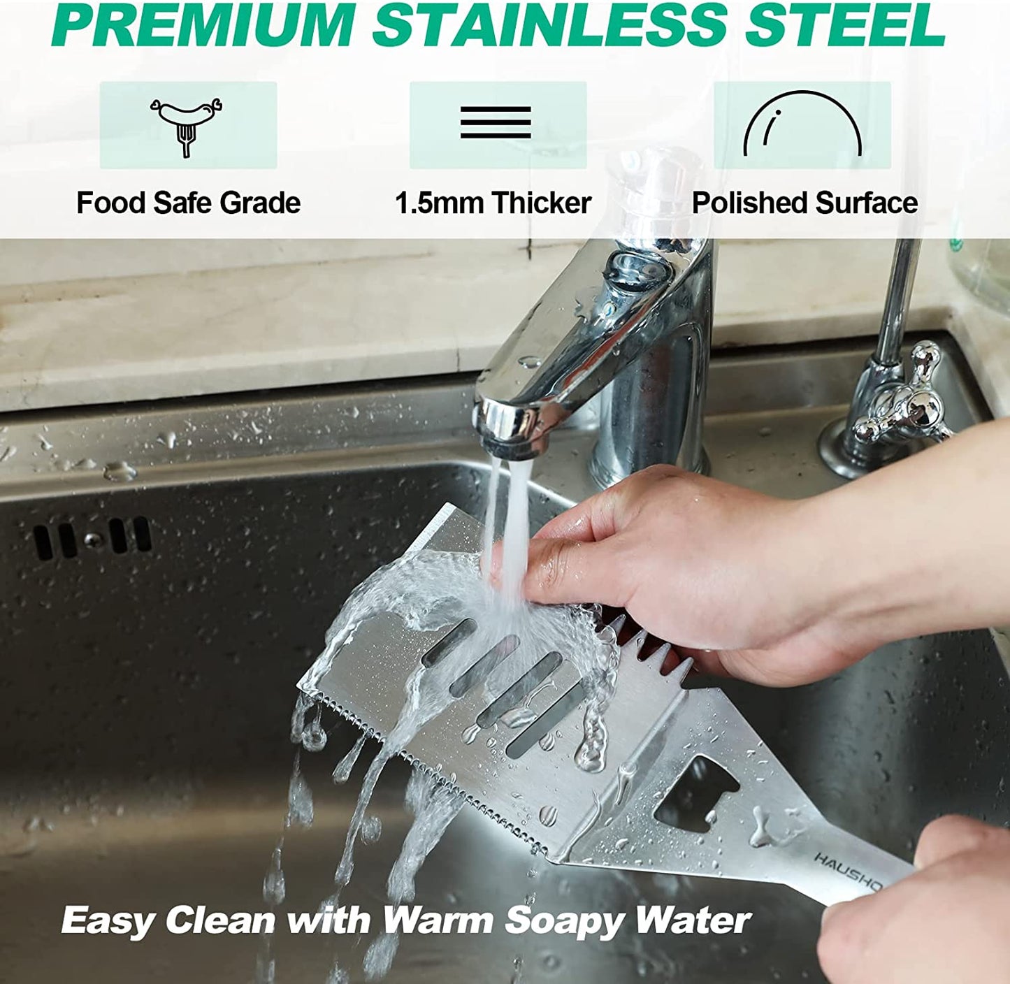 HAUSHOF Large Grill Accessories Heavy Duty BBQ Set Gifts for Men/Women - Premium Stainless Steel Spatula, Fork & Tongs (16.5/16/16.5 In.), Barbecue Utensils Tool Kit Gift for Grilling Lover Outdoor