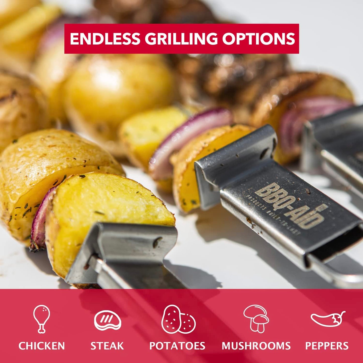 Premium Barbecue Metal Skewers for Kabobs with Quick Release - Double Pronged, Stainless Steel Metal Skewers for Grilling - Kebab Skewers, Shish Kabob Skewers, Kabob Sticks, Veggies & More