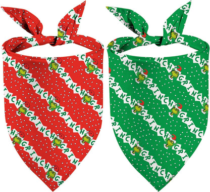 Christmas Dog Bandanas, Double Sided 2 Pack Holiday New Year Puppy Bandanas, Girnch Smile Square Dog Kerchief Merry Christmas Dogs Gifts (05)