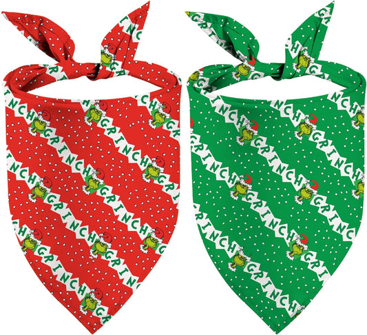 Christmas Dog Bandanas, Double Sided 2 Pack Holiday New Year Puppy Bandanas, Girnch Smile Square Dog Kerchief Merry Christmas Dogs Gifts (05)